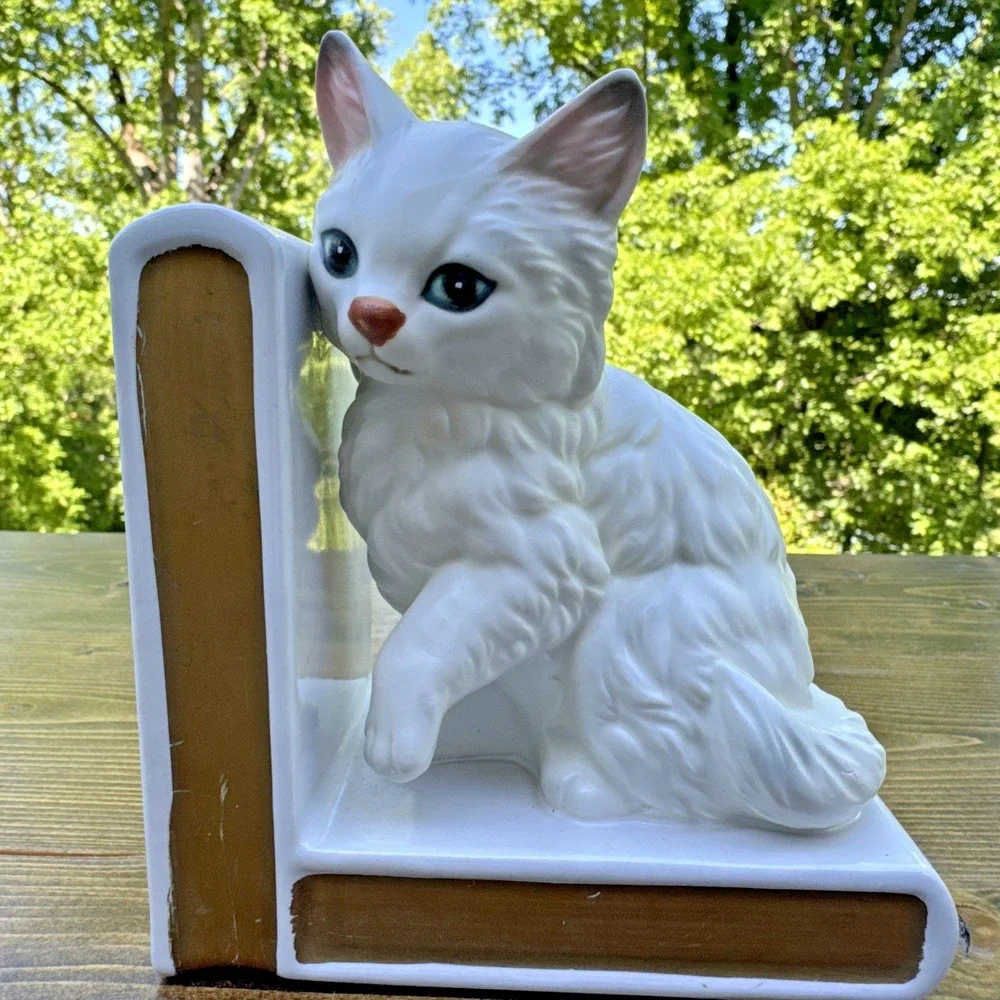 Vintage Lefton Japan White Cat Bookends Ceramic Persian Kitten Book Ends - Picture 11 of 16